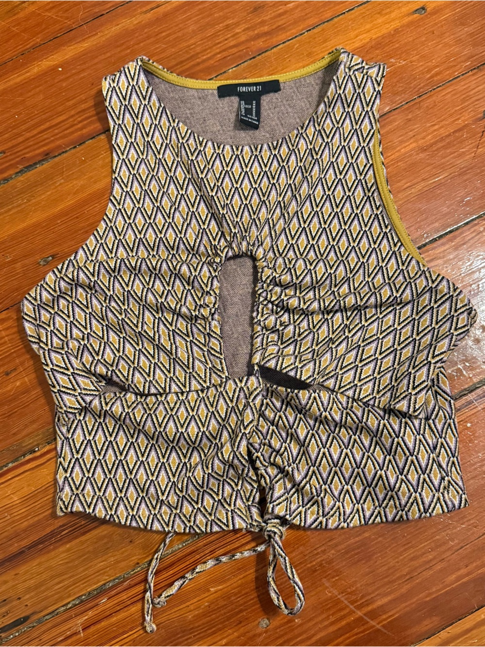 Forever 21 Yellow, Black & Cream Geometric Tie-Front Crop Top